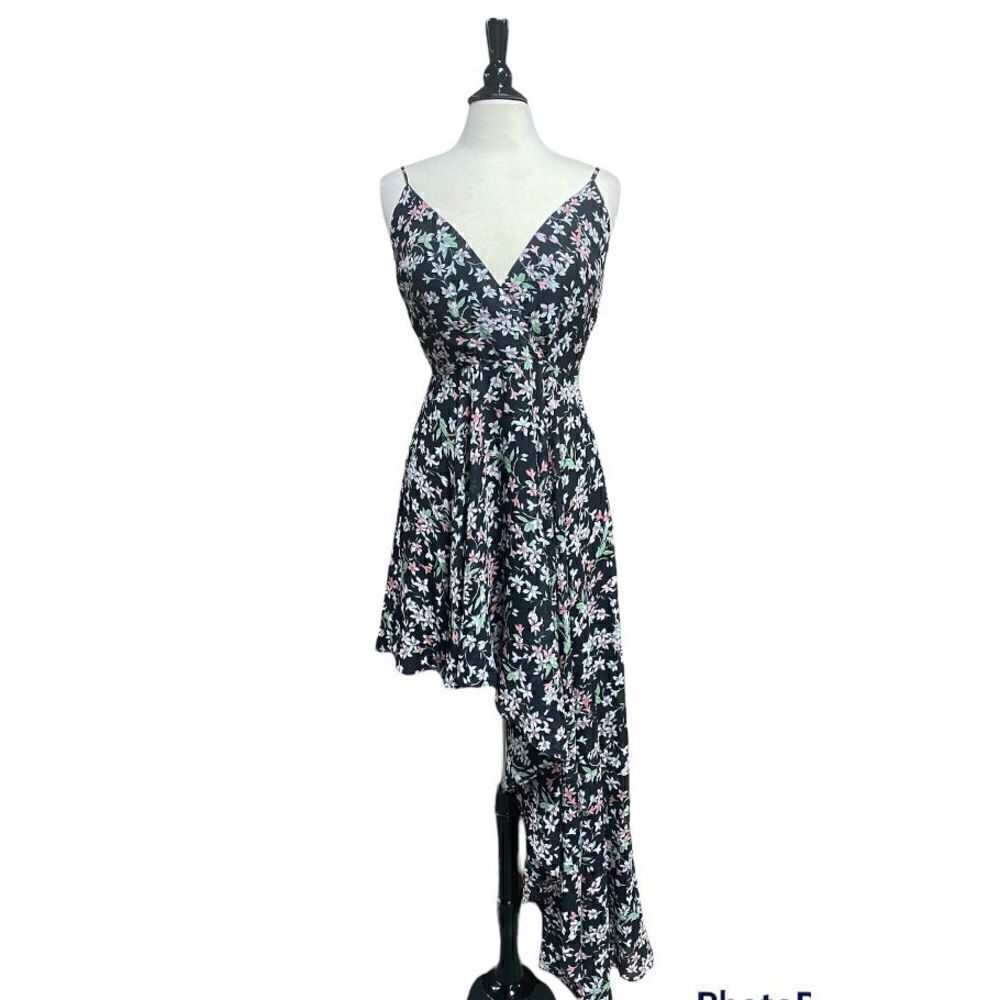 Fanco Black Floral Spaghetti Strap Asymmetrical Dress Size Medium NWT